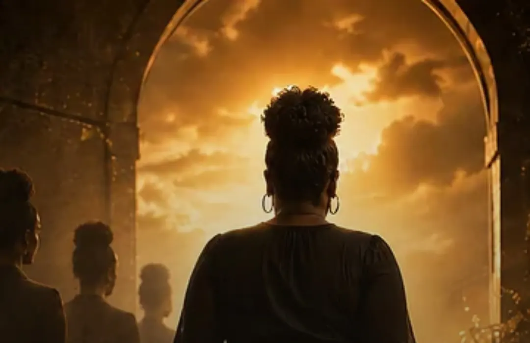 A woman walking forward through an arched doorway into golden light